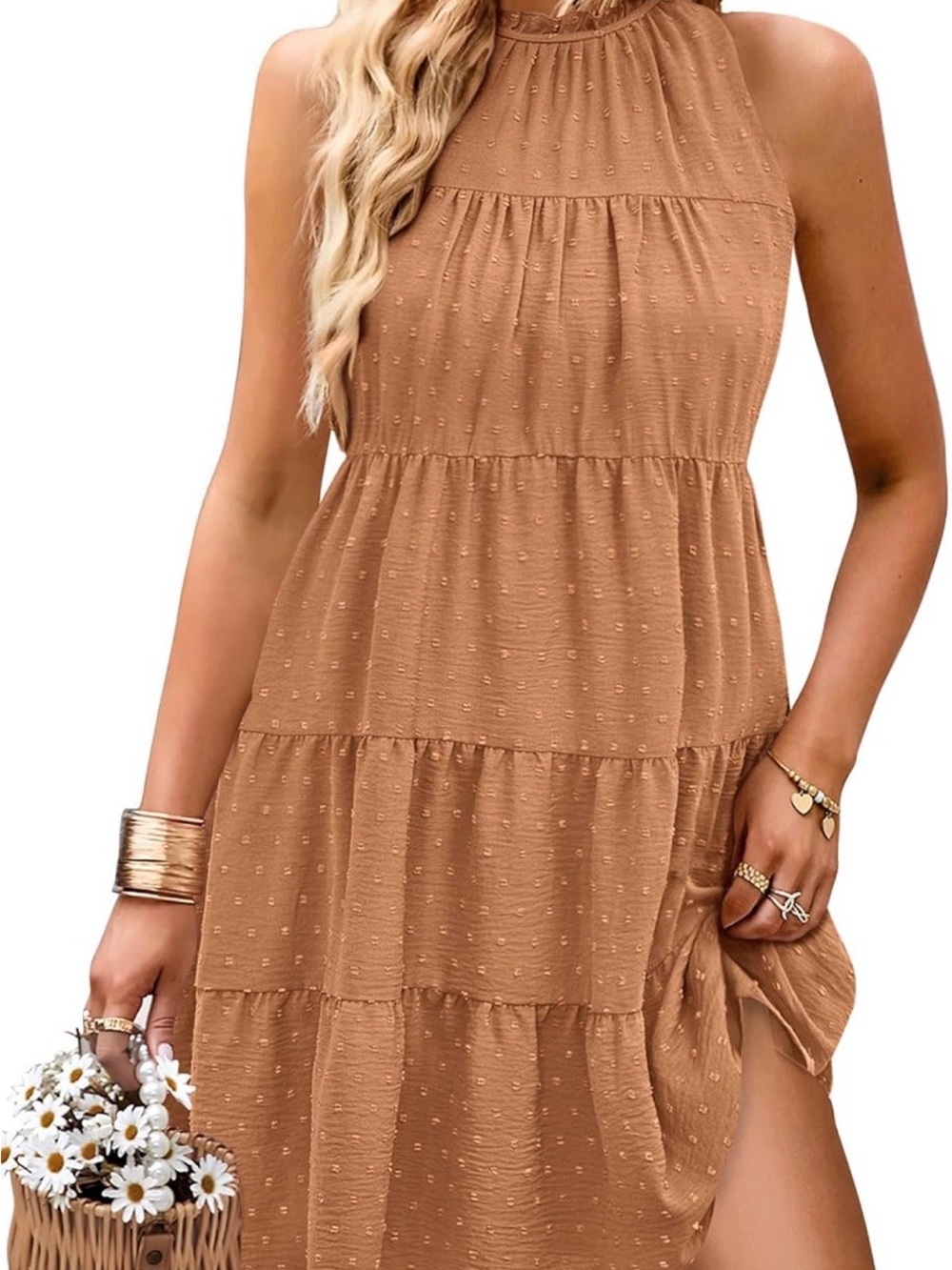 Women’s Sleeveless Tiered Mini Dress in Tan